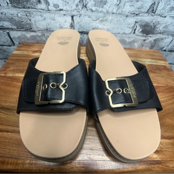 EUC Dr. Scholl's Black Slide Sandals with Gold Buckle Sz 10M - Picture 1 of 14